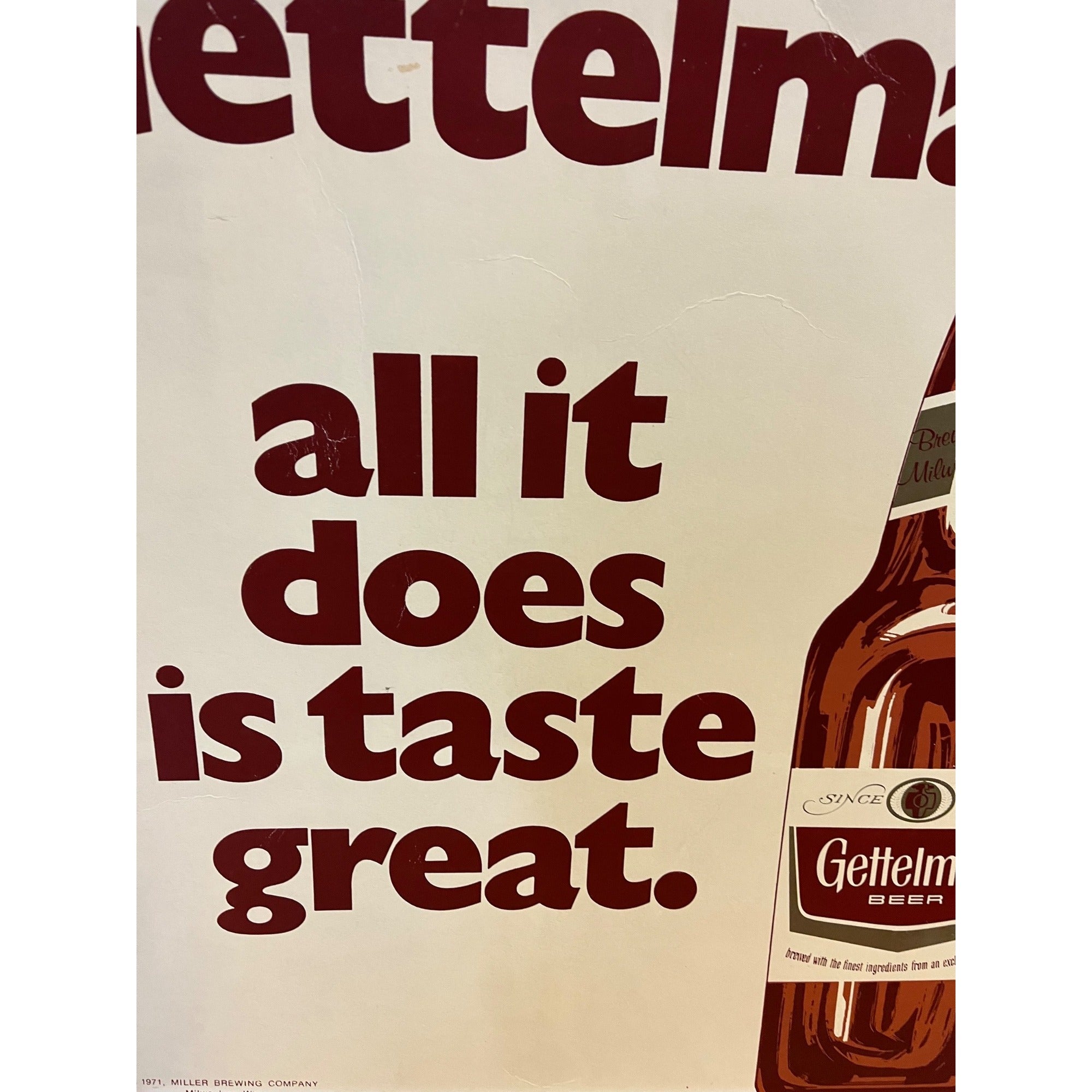 Vintage 1971 Gettelman Beer Cardstock Advertising Sign Miller Milwaukee Wis