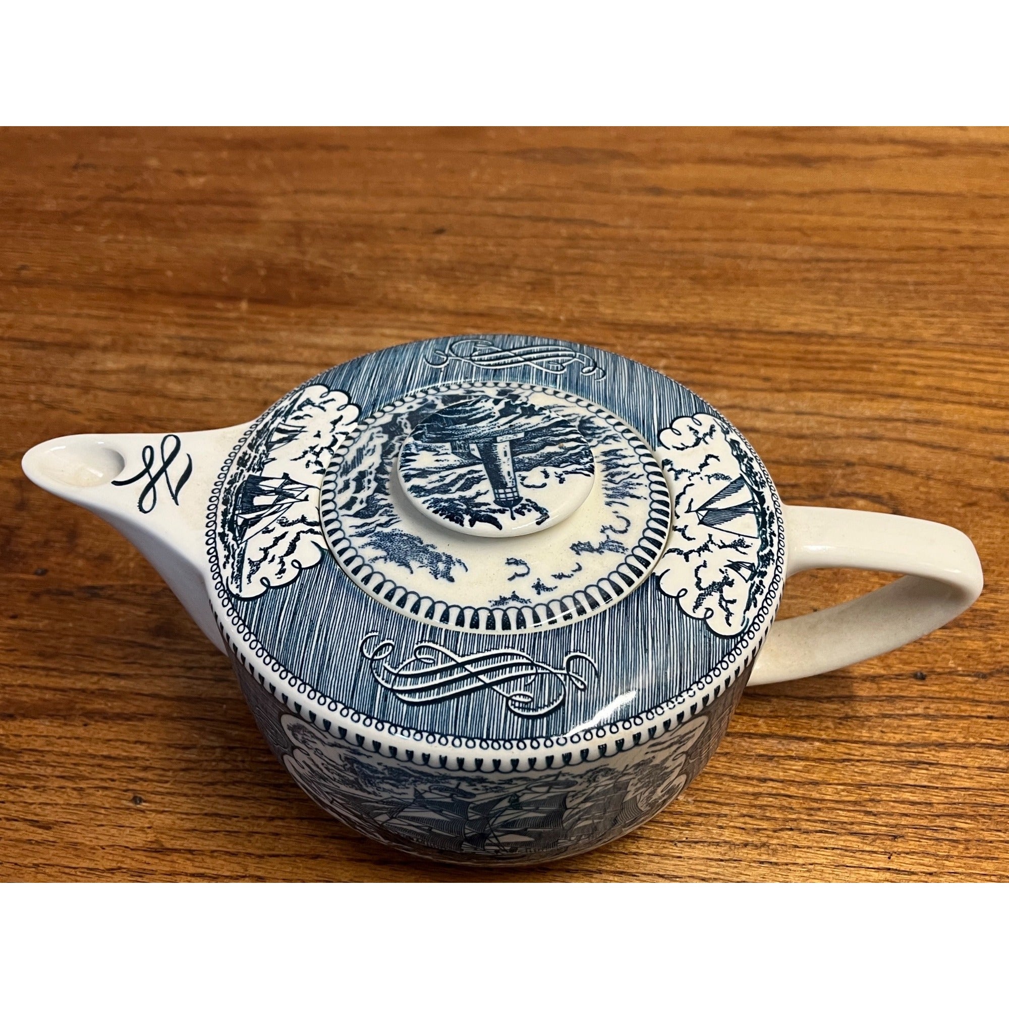 Vintage Currier and Ives by Royal China Lidded Tea Pot Sailboat Nautical
