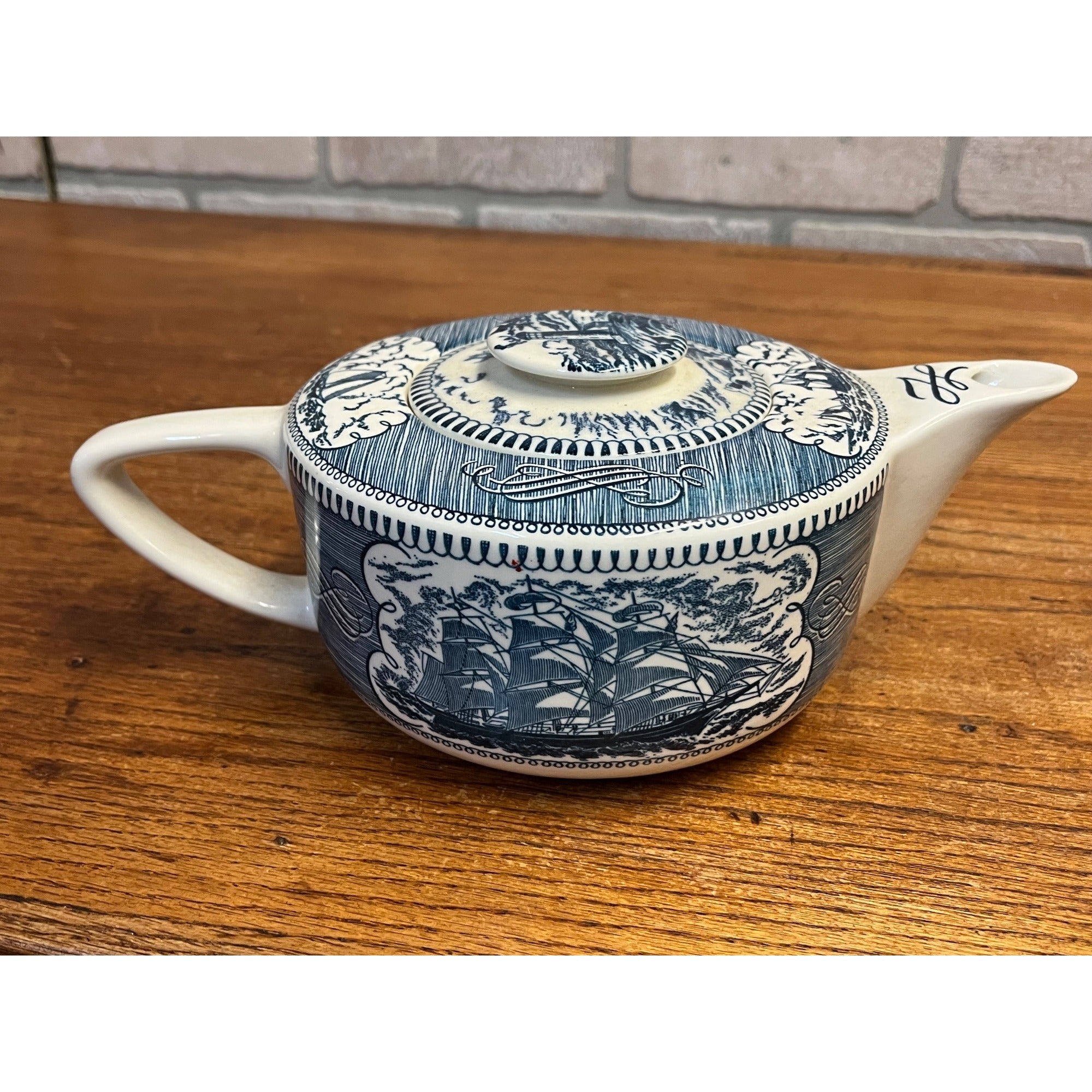 Vintage Currier and Ives by Royal China Lidded Tea Pot Sailboat Nautical