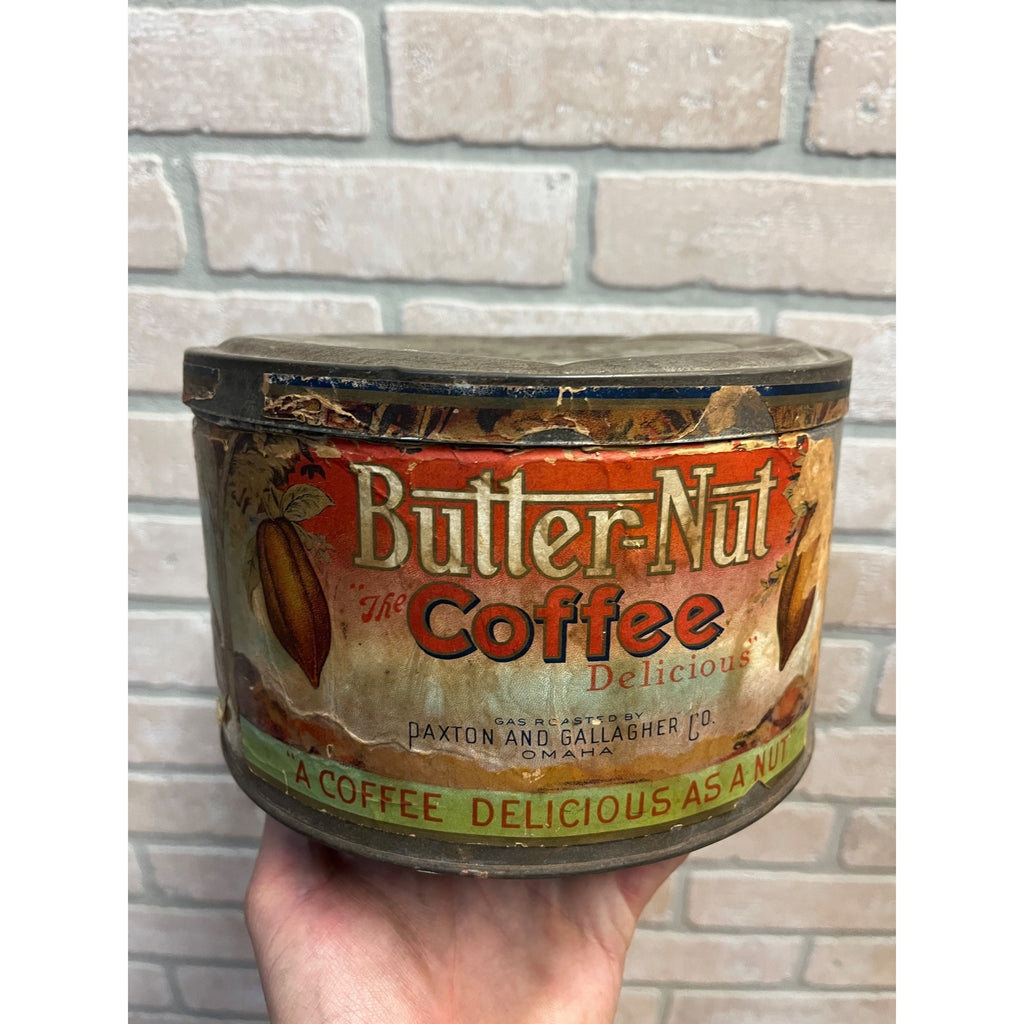 Vintage Butter Nut Coffee 3lb Paper Label Tin Coffee Can Round