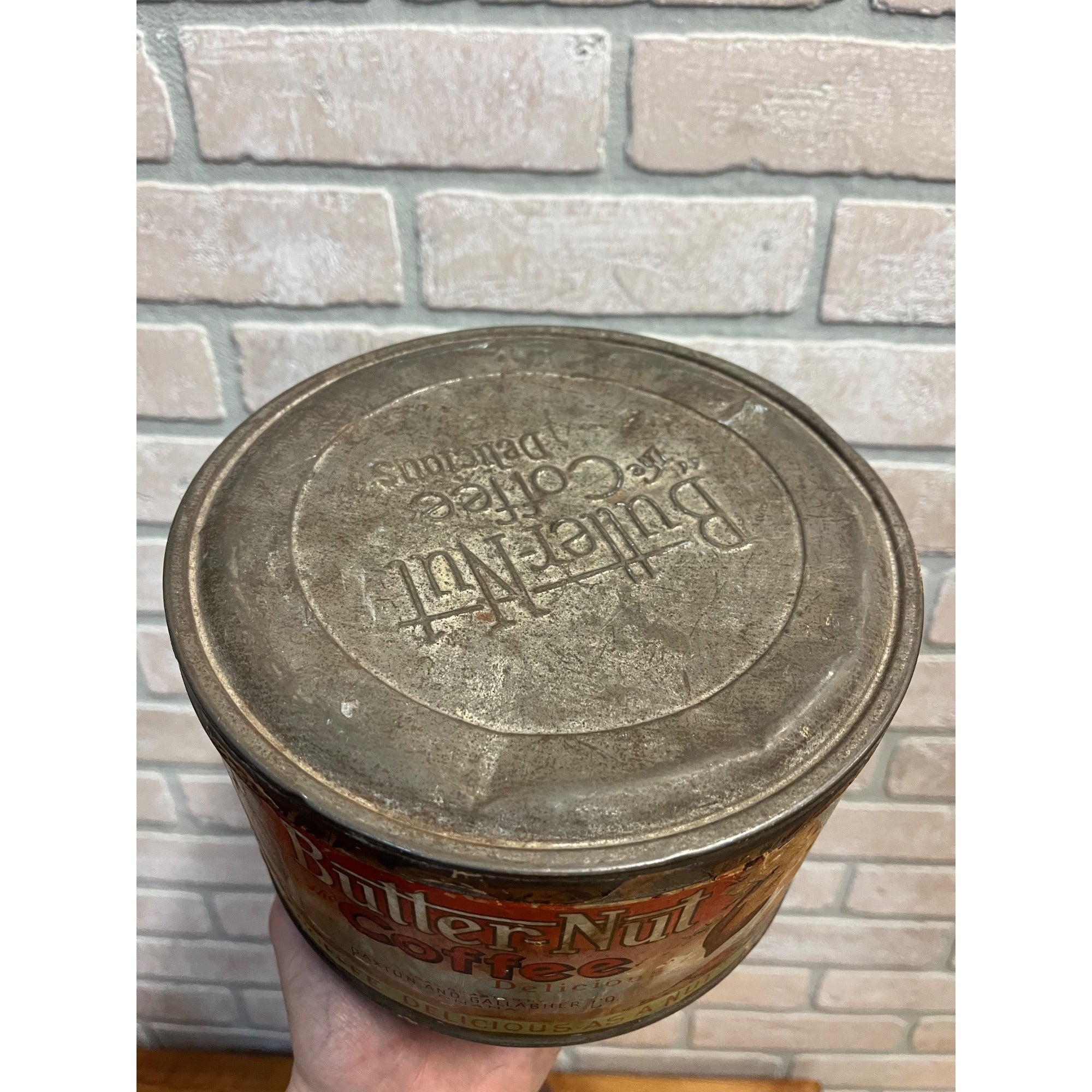 Vintage Butter Nut Coffee 3lb Paper Label Tin Coffee Can Round