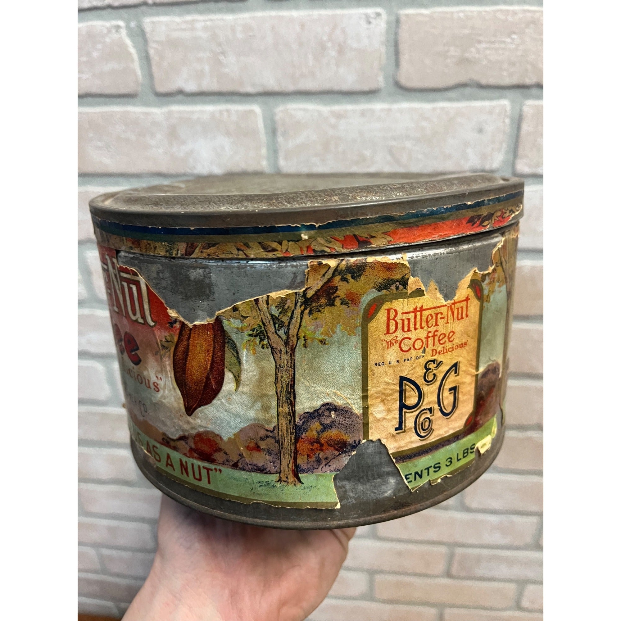 Vintage Butter Nut Coffee 3lb Paper Label Tin Coffee Can Round