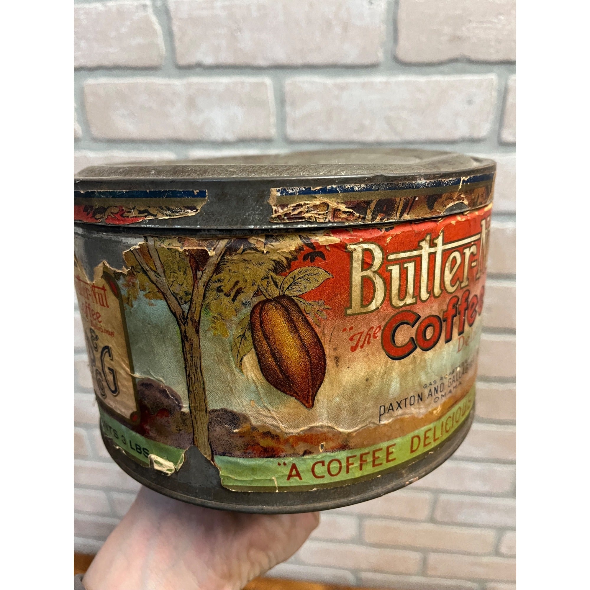 Vintage Butter Nut Coffee 3lb Paper Label Tin Coffee Can Round