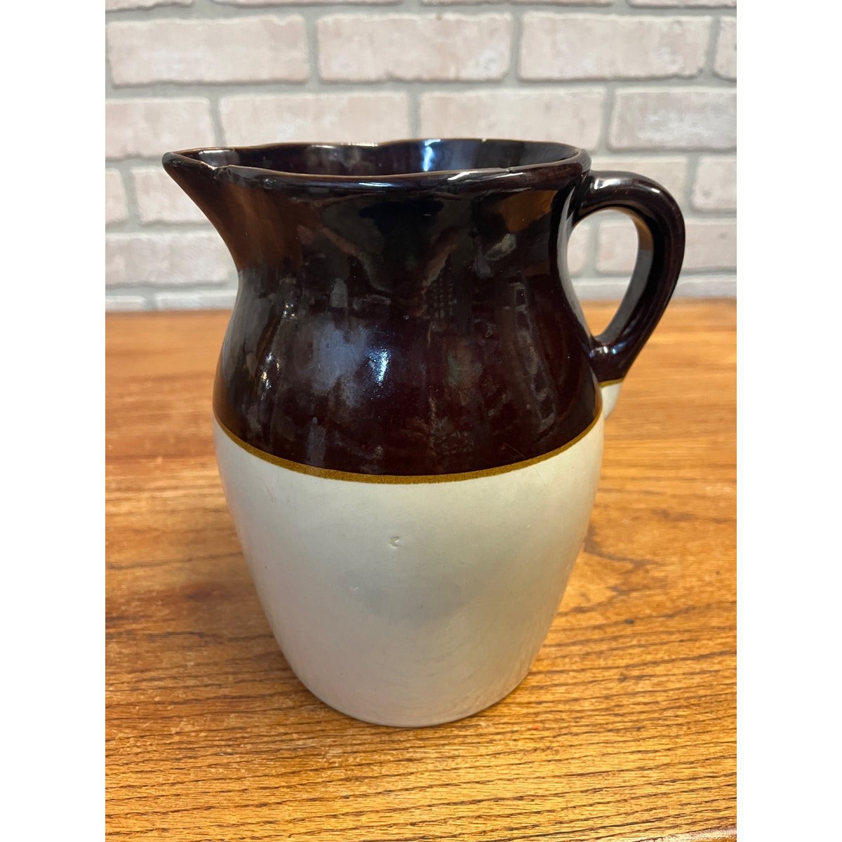 Vintage Two-Tone (Brown and Cream) Glazed Stoneware Handled Pitcher Primitive Kitchen Decor