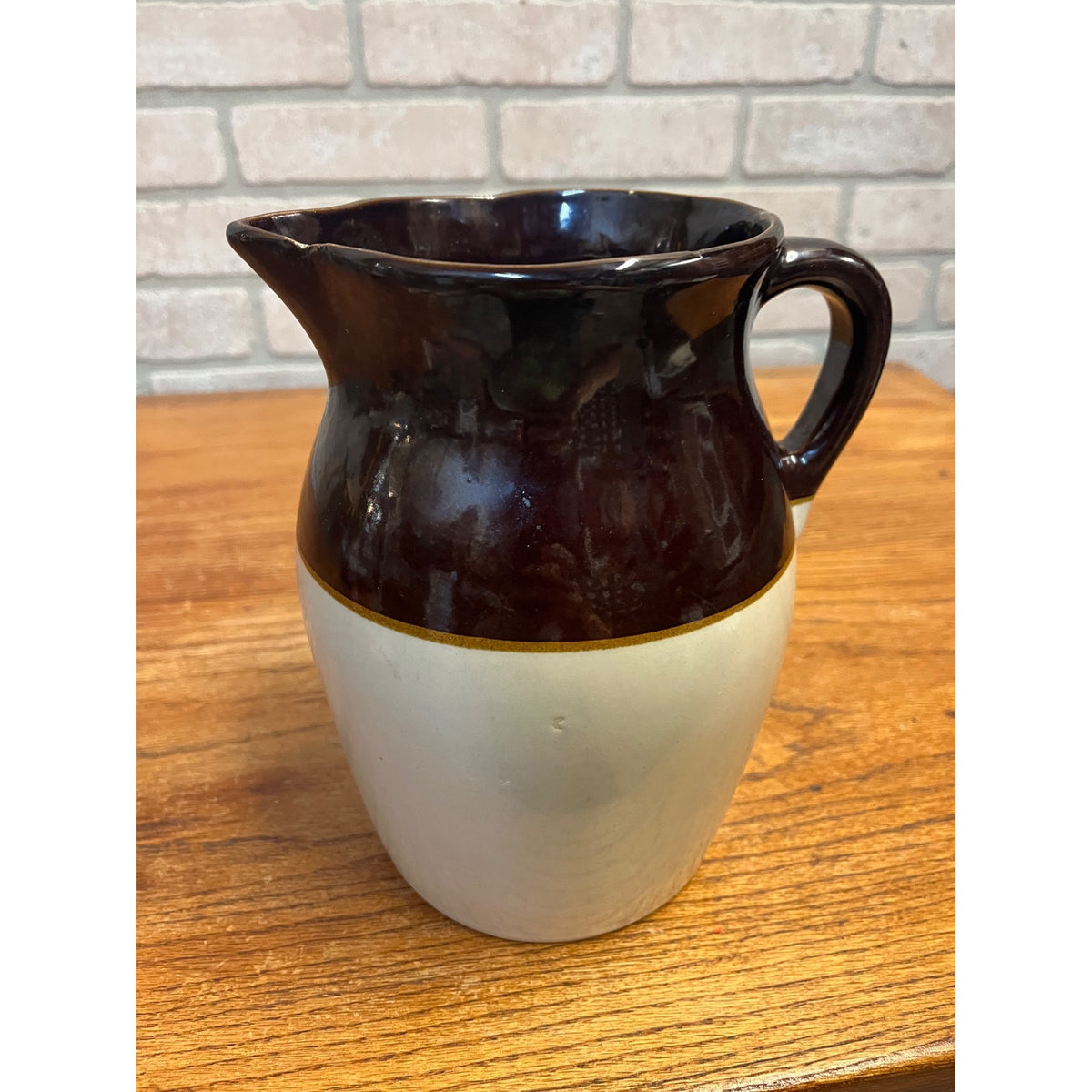 Vintage Two-Tone (Brown and Cream) Glazed Stoneware Handled Pitcher Primitive Kitchen Decor