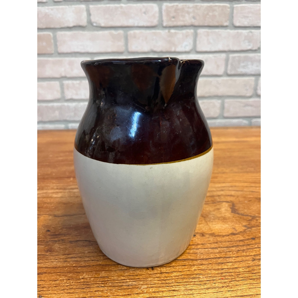Vintage Two-Tone (Brown and Cream) Glazed Stoneware Handled Pitcher Primitive Kitchen Decor