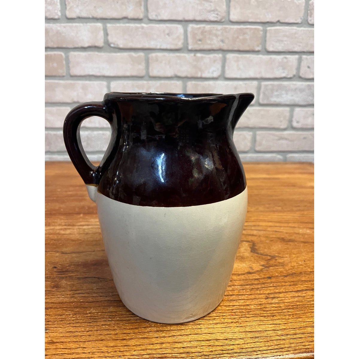 Vintage Two-Tone (Brown and Cream) Glazed Stoneware Handled Pitcher Primitive Kitchen Decor