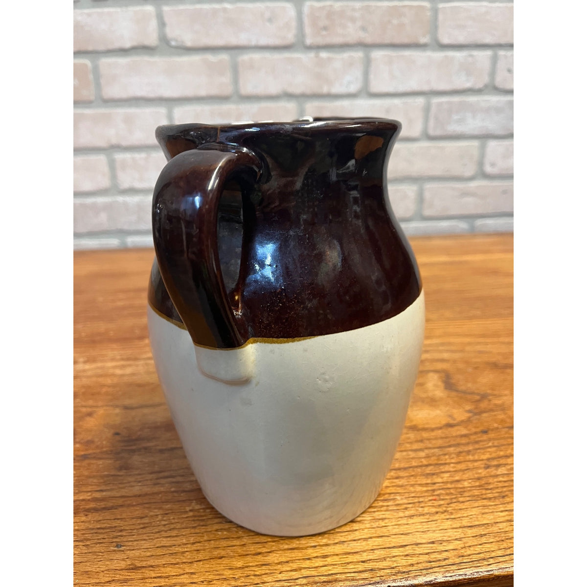 Vintage Two-Tone (Brown and Cream) Glazed Stoneware Handled Pitcher Primitive Kitchen Decor
