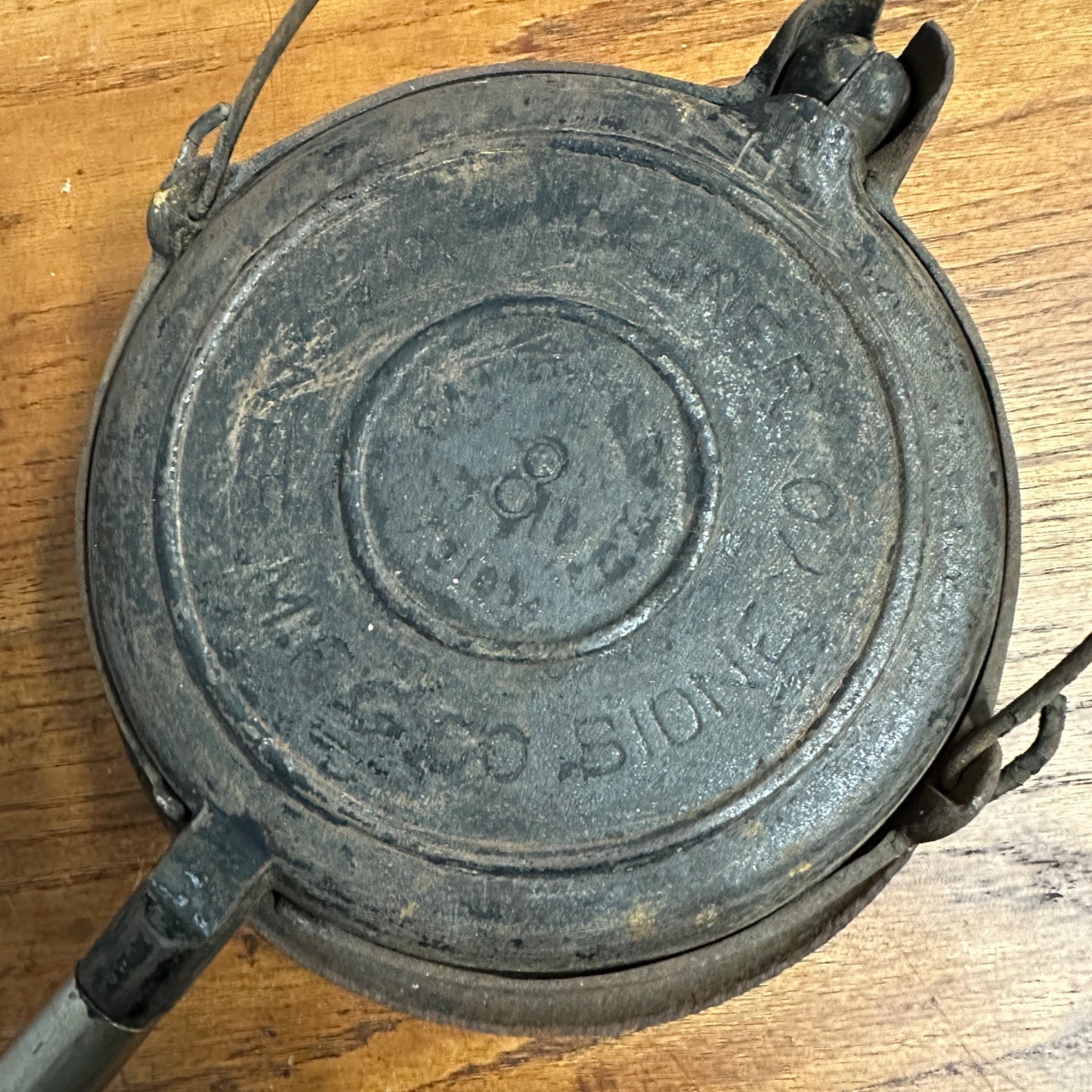 Wagner # 8 Cast Iron Waffle Iron Pat. Feb 22 1910 HIGH BASE Wood Handles