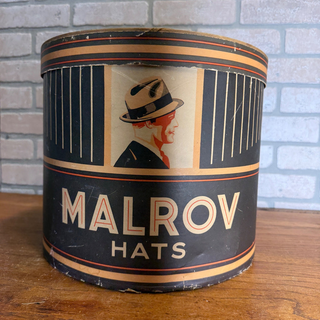 Vintage 1930s MALROV Men's Fedora Hat Box Art Deco Tall Oval - BOX ONLY