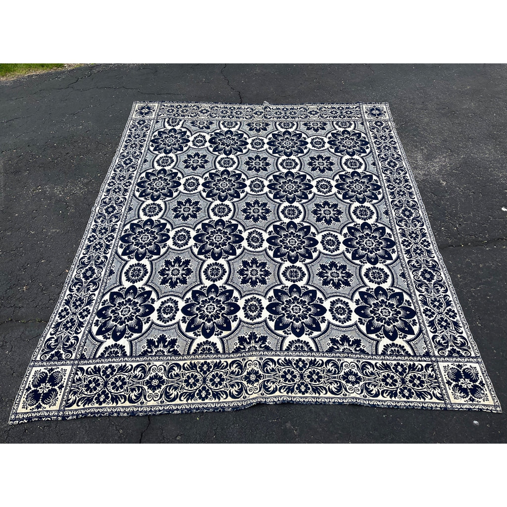 Antique Primitive 1800s Blue and White Double-Sided Jacquard Coverlet Victorian