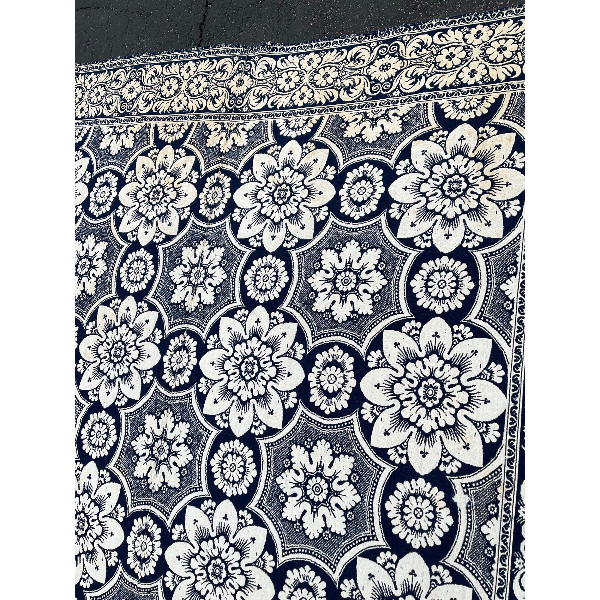 Antique Primitive 1800s Blue and White Double-Sided Jacquard Coverlet Victorian