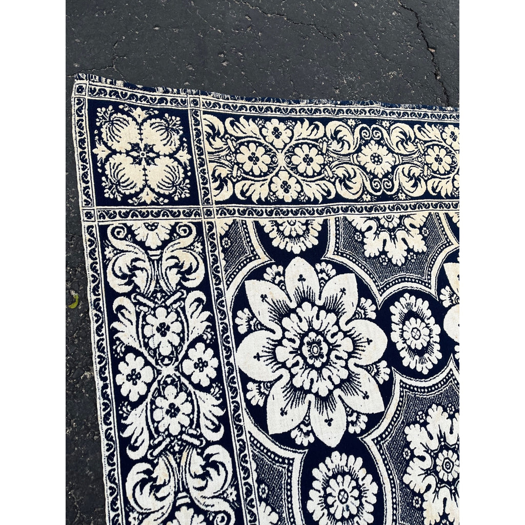 Antique Primitive 1800s Blue and White Double-Sided Jacquard Coverlet Victorian