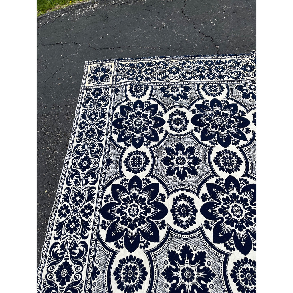 Antique Primitive 1800s Blue and White Double-Sided Jacquard Coverlet Victorian