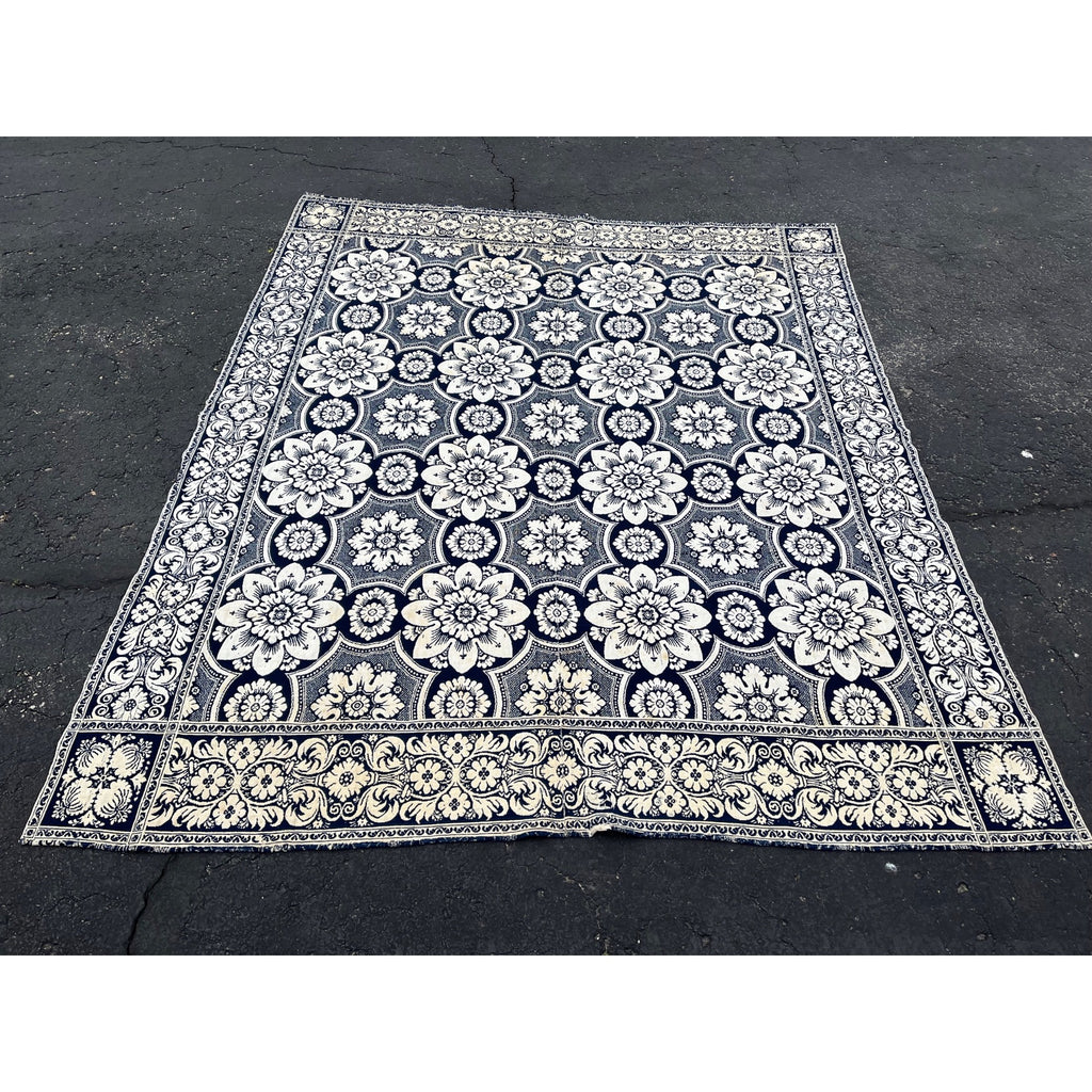 Antique Primitive 1800s Blue and White Double-Sided Jacquard Coverlet Victorian