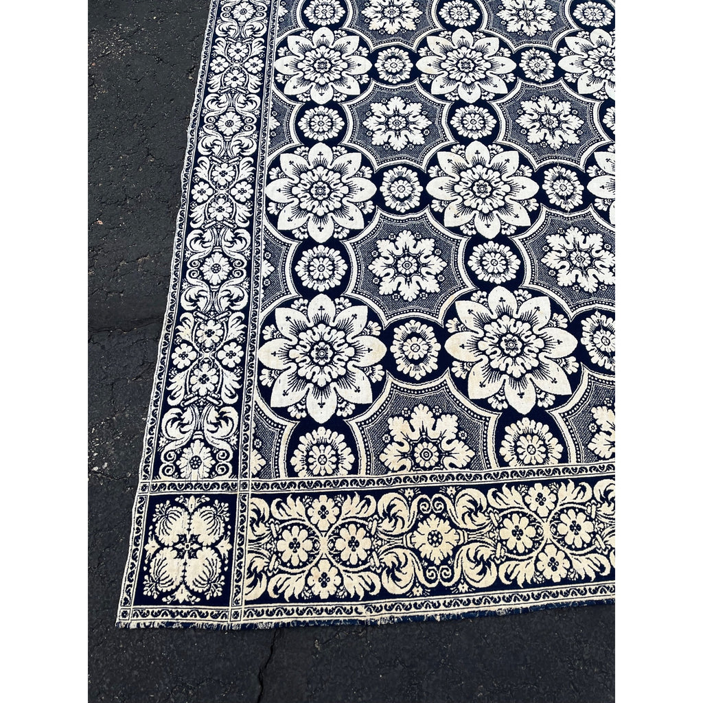 Antique Primitive 1800s Blue and White Double-Sided Jacquard Coverlet Victorian