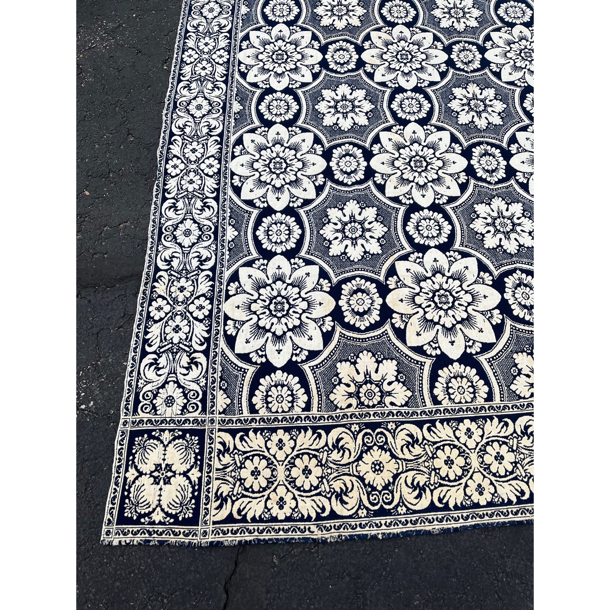 Antique Primitive 1800s Blue and White Double-Sided Jacquard Coverlet Victorian