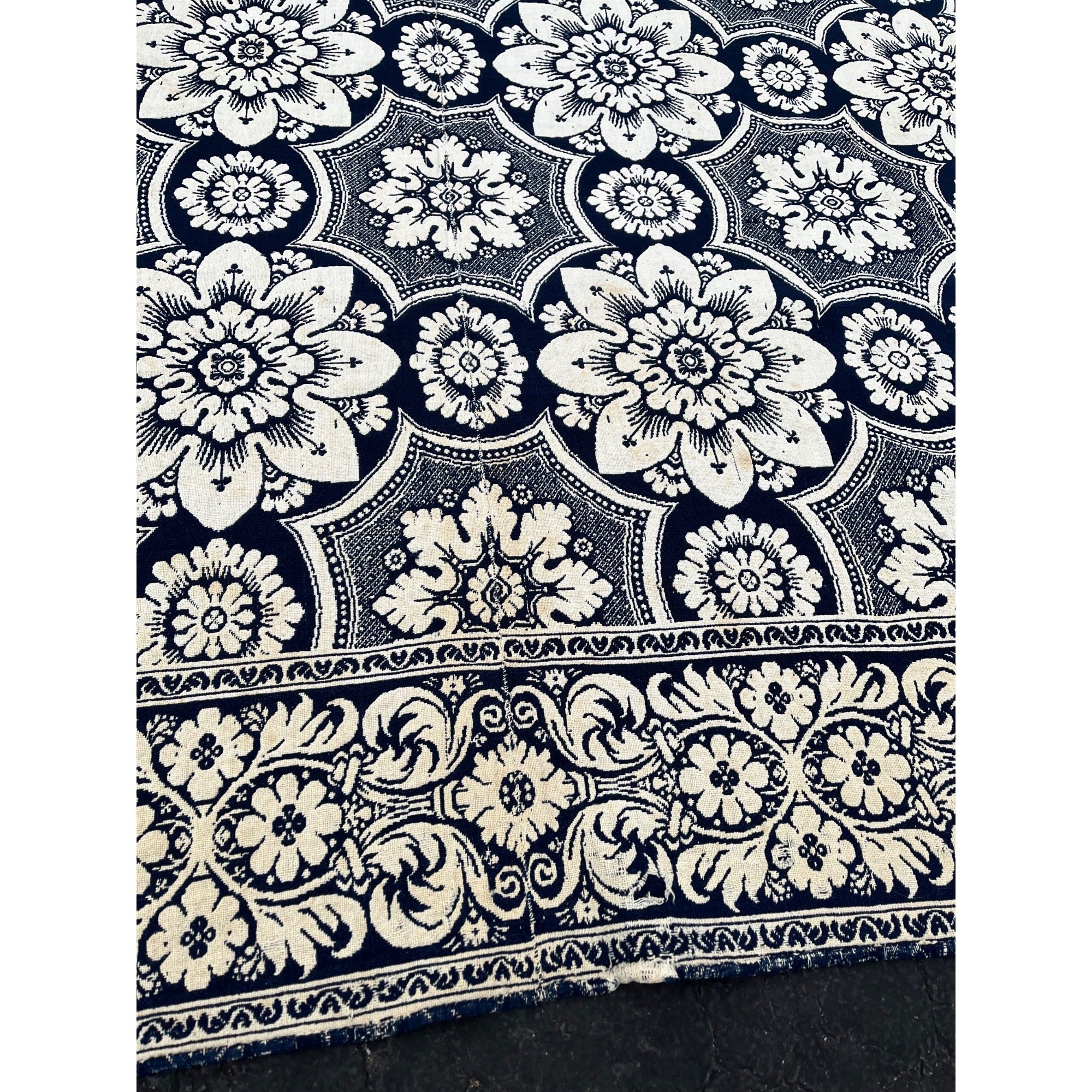 Antique Primitive 1800s Blue and White Double-Sided Jacquard Coverlet Victorian