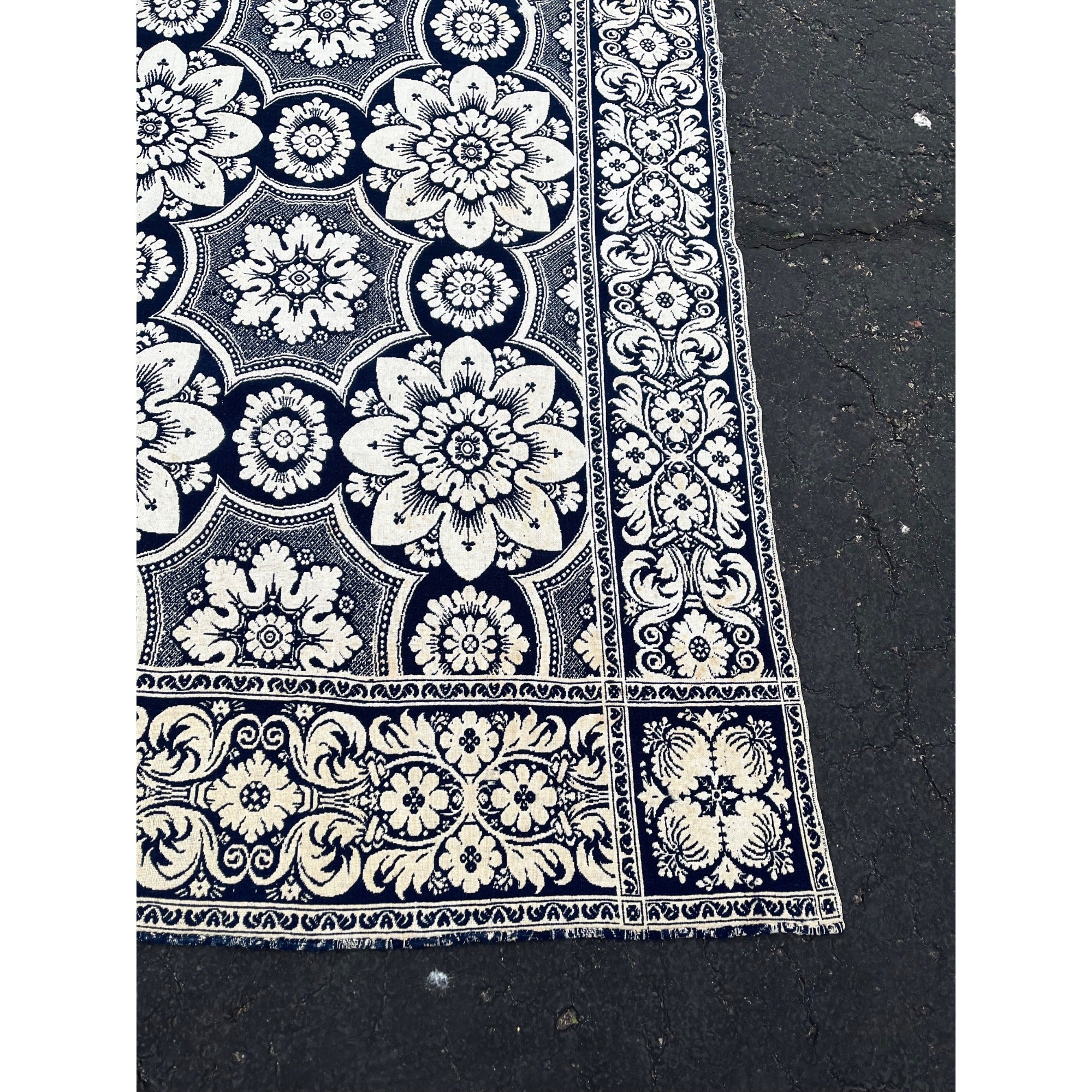 Antique Primitive 1800s Blue and White Double-Sided Jacquard Coverlet Victorian