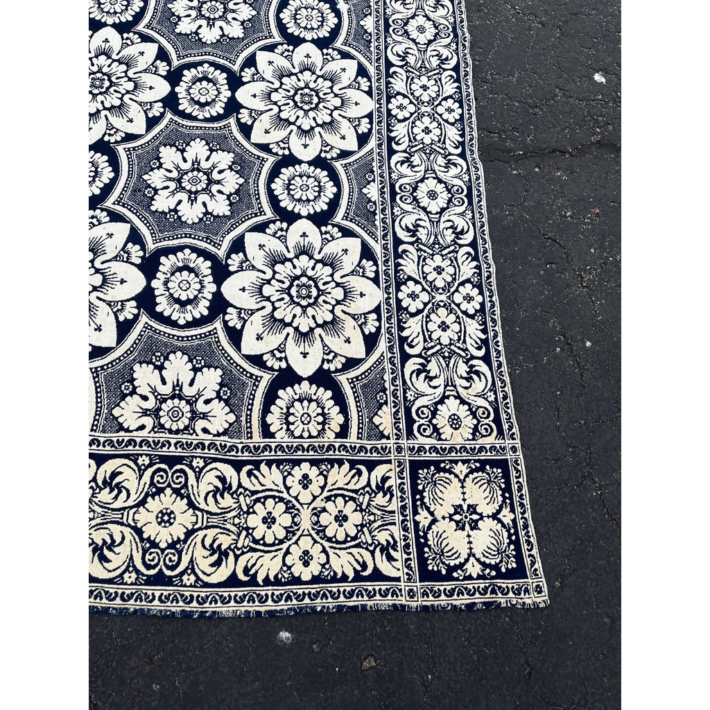 Antique Primitive 1800s Blue and White Double-Sided Jacquard Coverlet Victorian