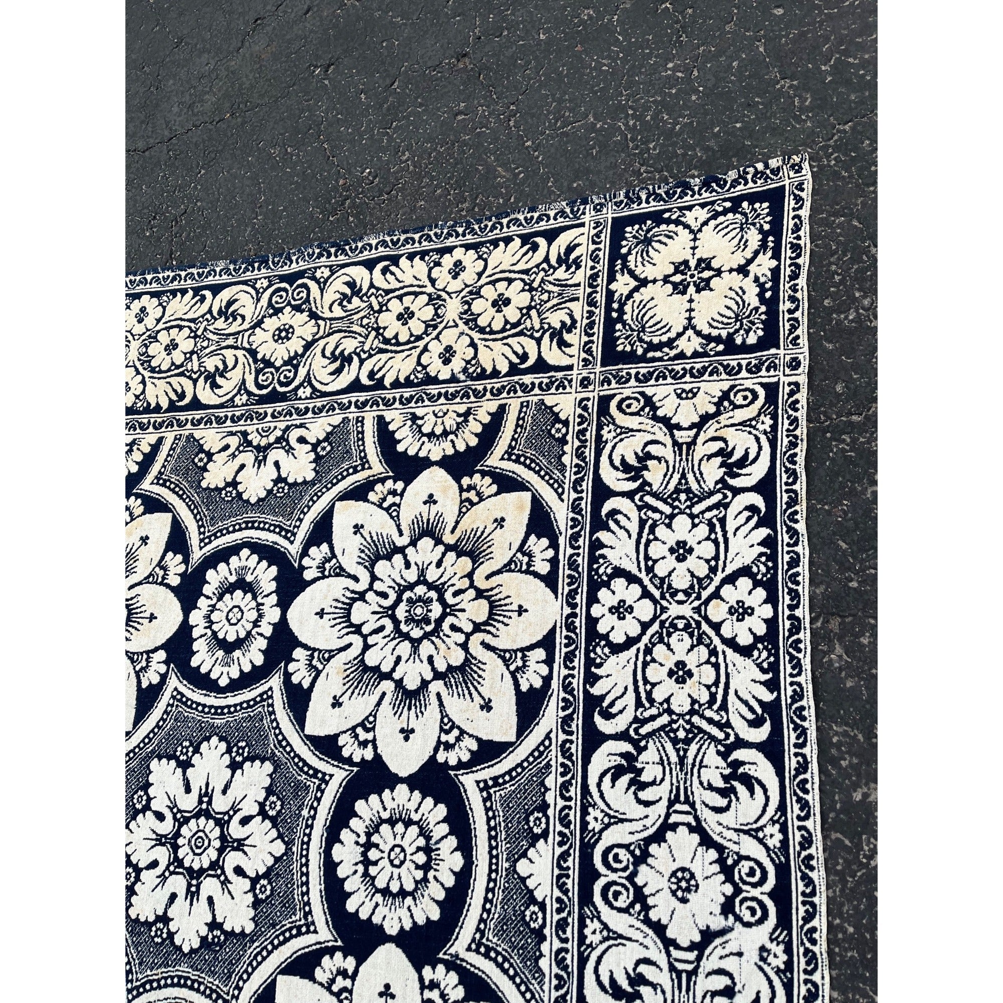 Antique Primitive 1800s Blue and White Double-Sided Jacquard Coverlet Victorian