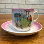 Neat Victorian Children Playing Soccer Pink Painted Scene Tea Cup Saucer