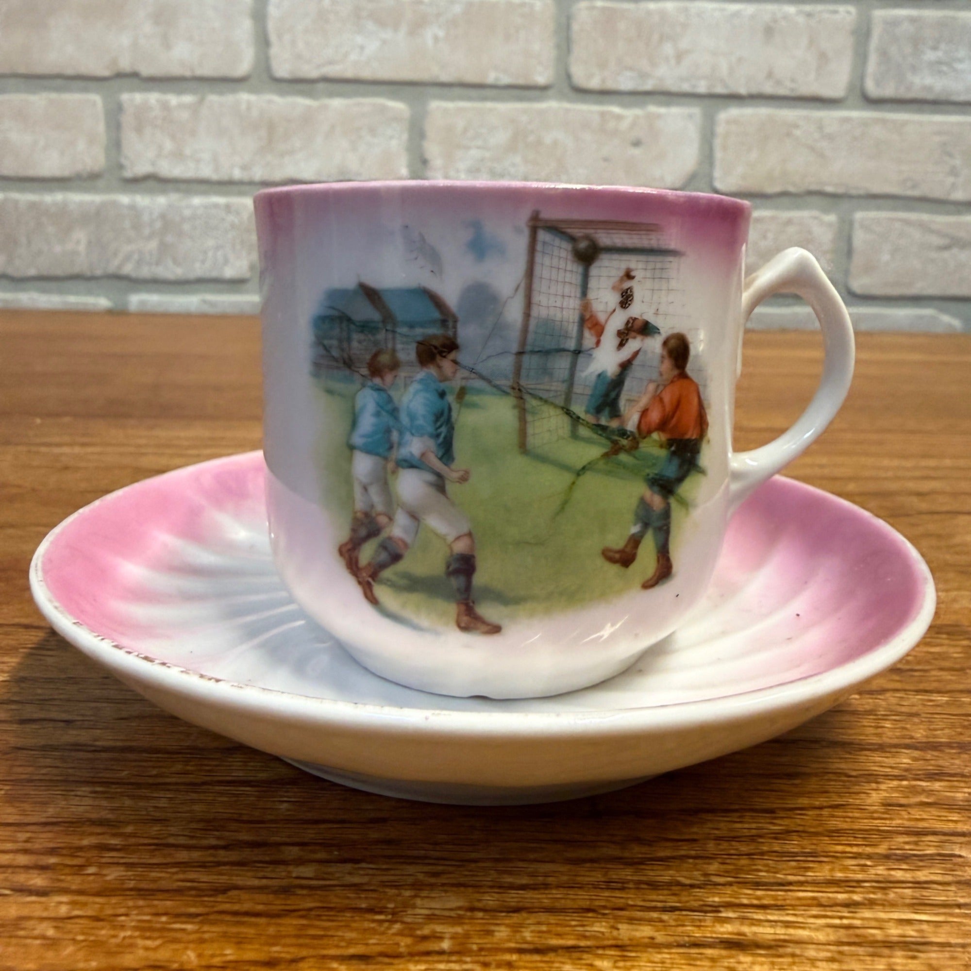 Neat Victorian Children Playing Soccer Pink Painted Scene Tea Cup Saucer