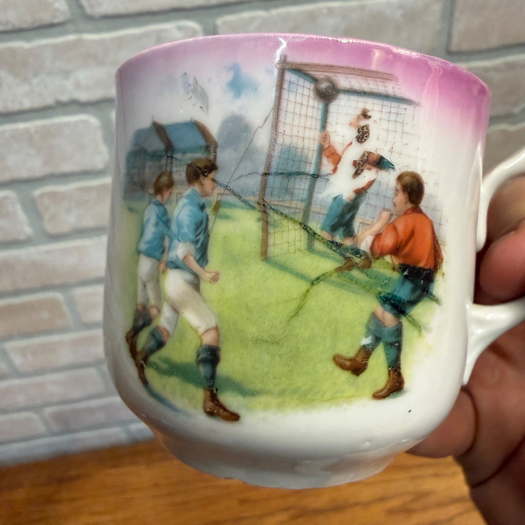Neat Victorian Children Playing Soccer Pink Painted Scene Tea Cup Saucer
