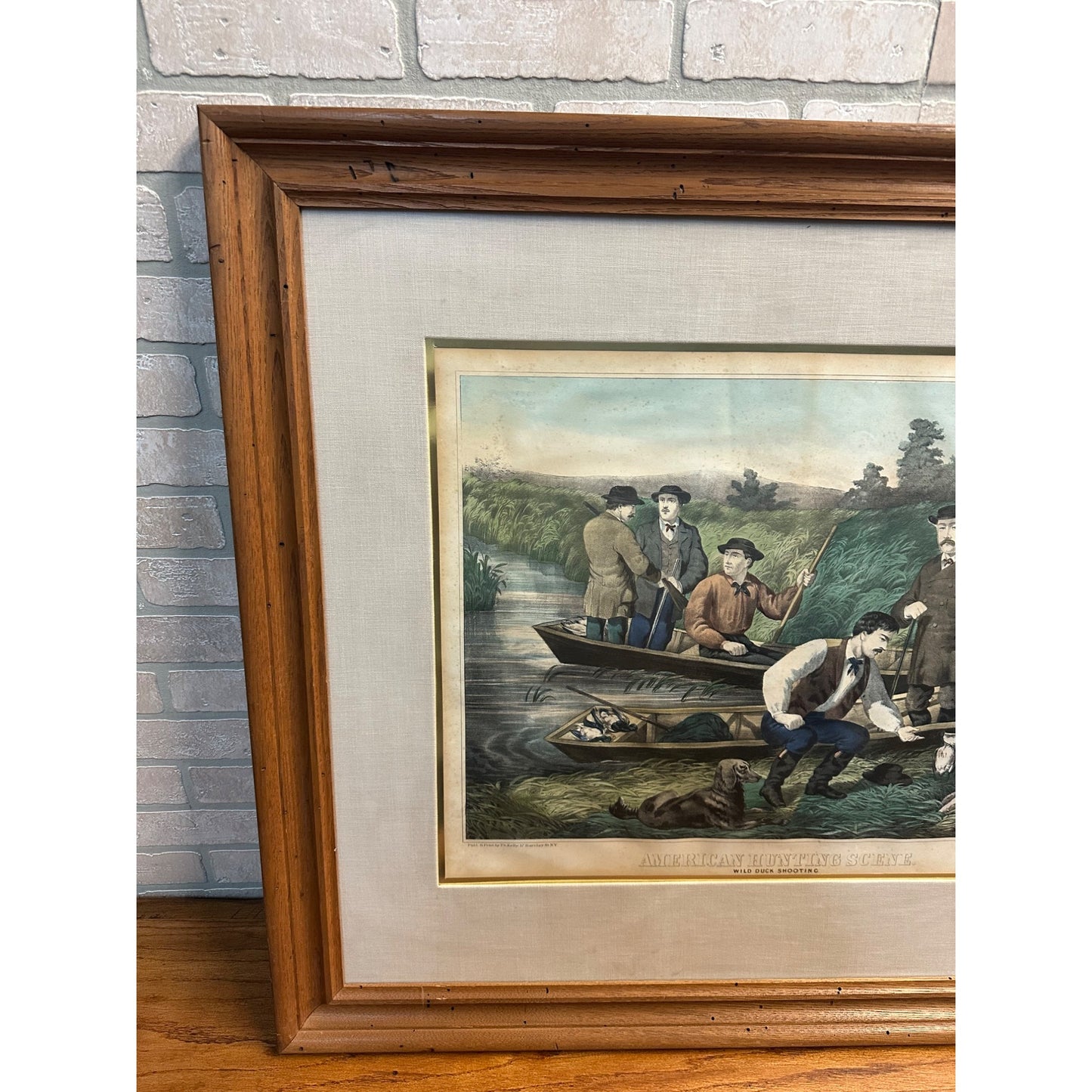 Antique c1869 Thomas Kelly "American Hunting Scene" Large Framed Lithograph Currier & Ives