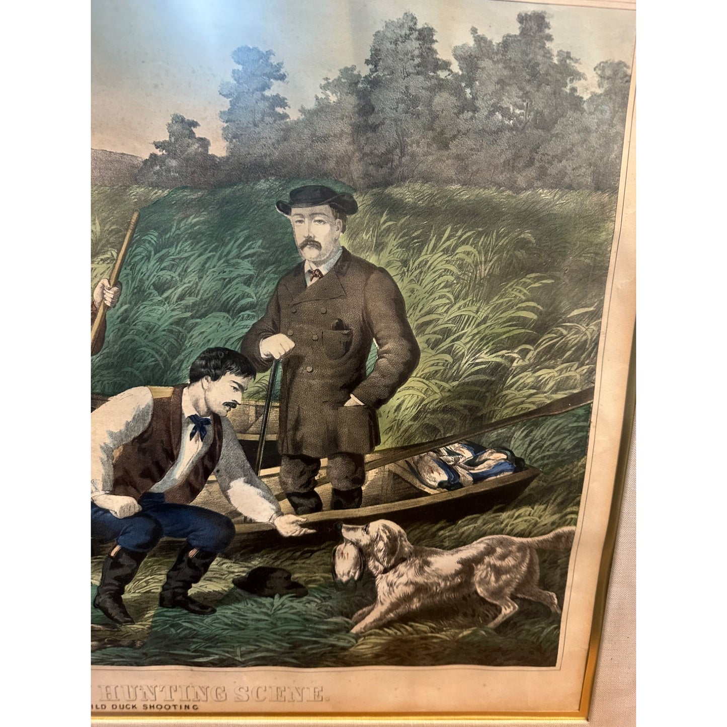 Antique c1869 Thomas Kelly "American Hunting Scene" Large Framed Lithograph Currier & Ives