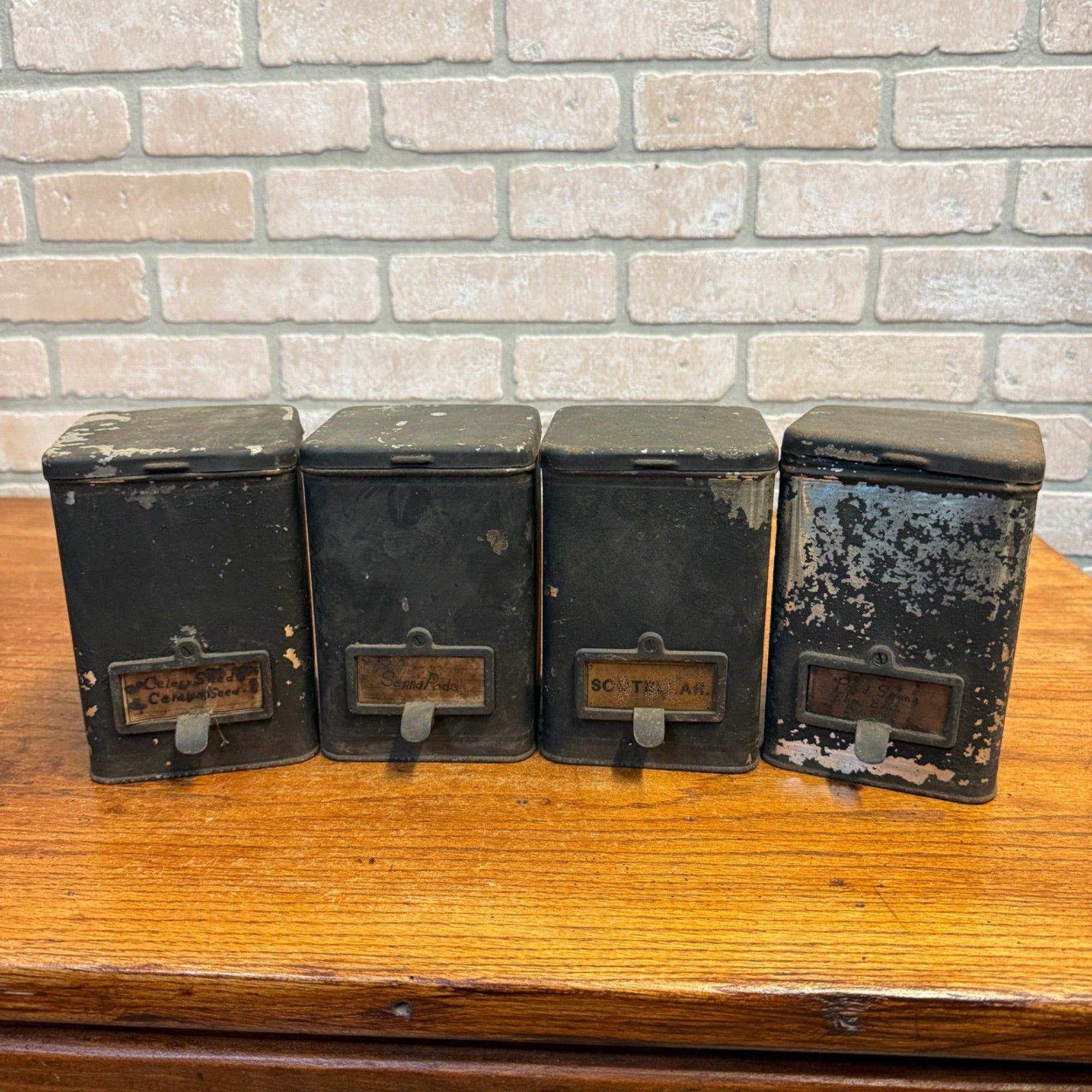 Lot of (4) 1900s Apothecary Seed Phenix Herb Can Druggist Storage Metal Bins Empty