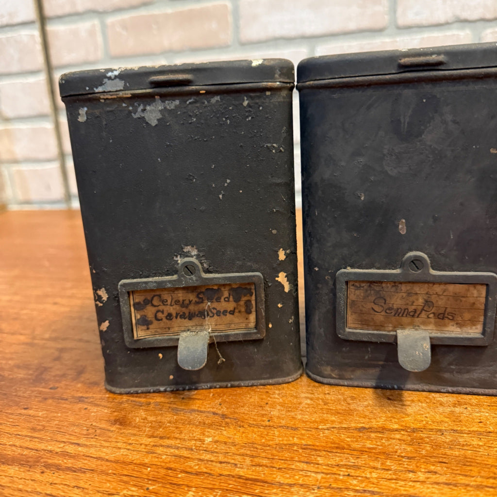 Lot of (4) 1900s Apothecary Seed Phenix Herb Can Druggist Storage Metal Bins Empty