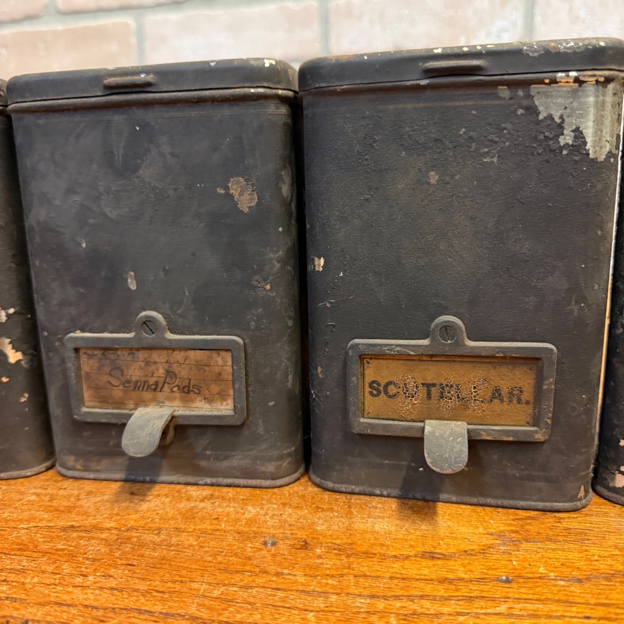 Lot of (4) 1900s Apothecary Seed Phenix Herb Can Druggist Storage Metal Bins Empty