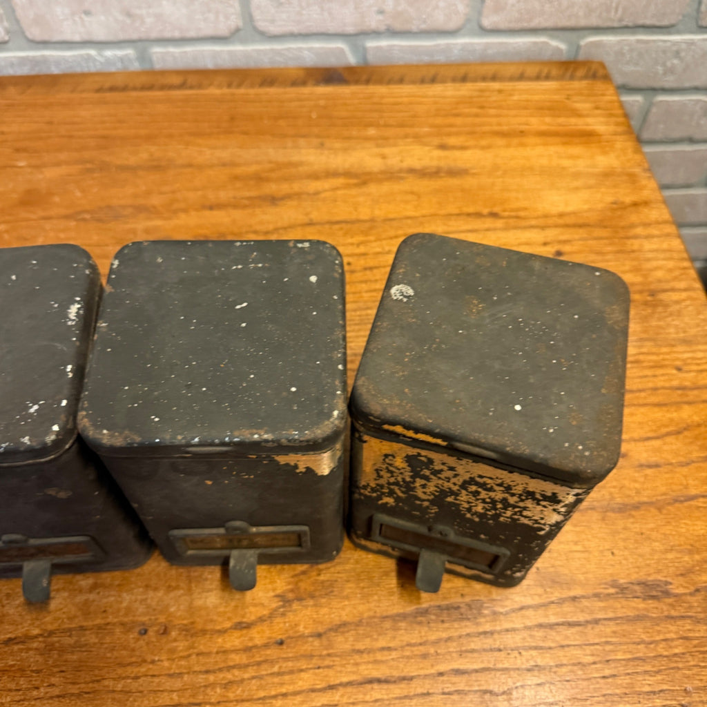Lot of (4) 1900s Apothecary Seed Phenix Herb Can Druggist Storage Metal Bins Empty