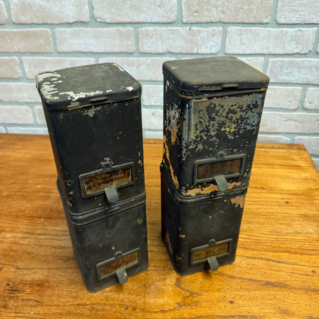 Lot of (4) 1900s Apothecary Seed Phenix Herb Can Druggist Storage Metal Bins Empty