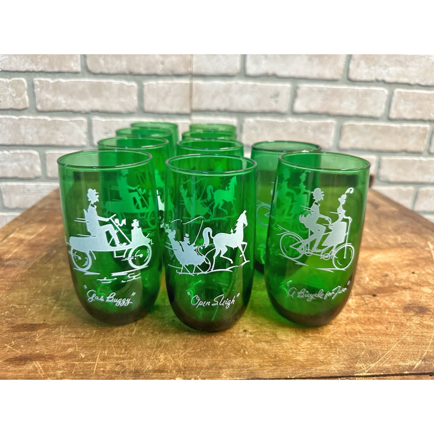 Vintage MCM Anchor Hocking Lot (10) Forest Green Open Sleigh / Gas Buggy Glasses