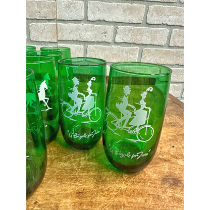 Vintage MCM Anchor Hocking Lot (10) Forest Green Open Sleigh / Gas Buggy Glasses