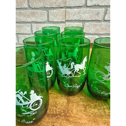 Vintage MCM Anchor Hocking Lot (10) Forest Green Open Sleigh / Gas Buggy Glasses