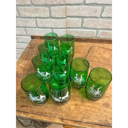 Vintage MCM Anchor Hocking Lot (10) Forest Green Open Sleigh / Gas Buggy Glasses