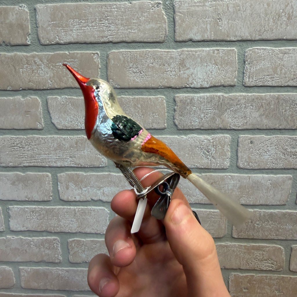 Antique Germany Glass Clip On Bird Ornament Multi Colored Cotton Spun Tail