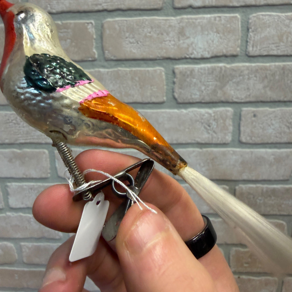 Antique Germany Glass Clip On Bird Ornament Multi Colored Cotton Spun Tail