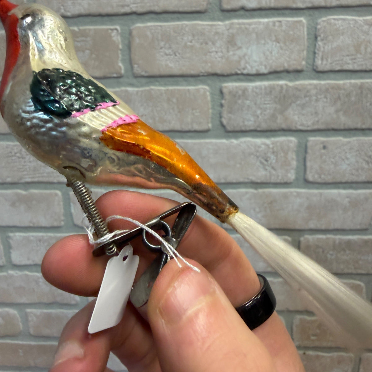 Antique Germany Glass Clip On Bird Ornament Multi Colored Cotton Spun Tail