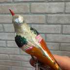 Antique Germany Glass Clip On Bird Ornament Multi Colored Cotton Spun Tail