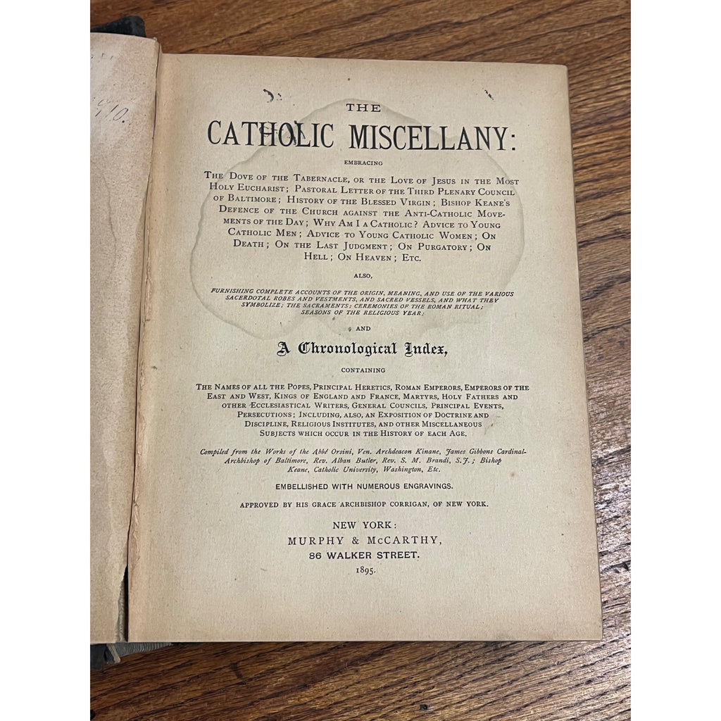 Antique 1895 Catholic Miscellany book New York Murphy & McCarthy - Freemasonry