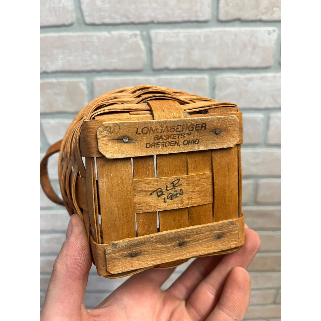 Vintage Small 5.5" Longaberger Basket w/ Leather Handles Dresden OH Signed 1990