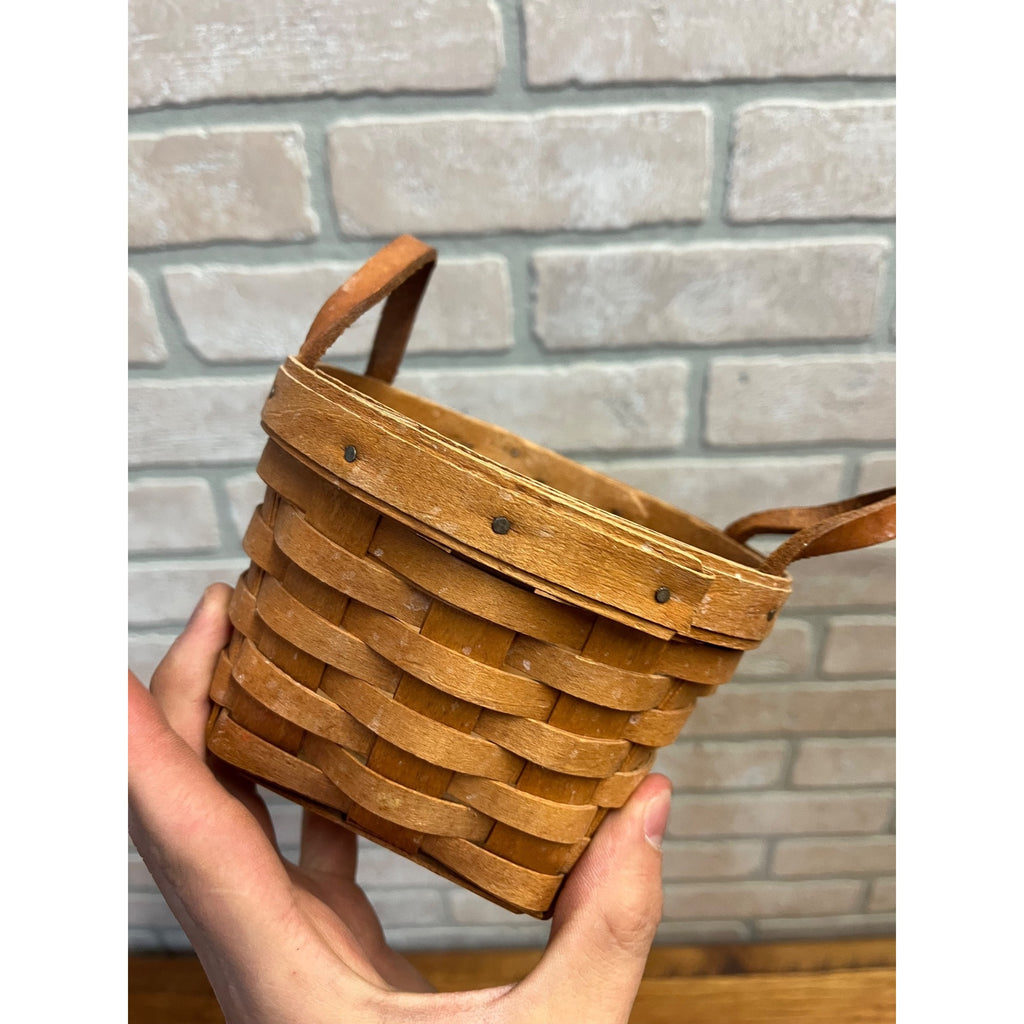 Vintage Small 5.5" Longaberger Basket w/ Leather Handles Dresden OH Signed 1990