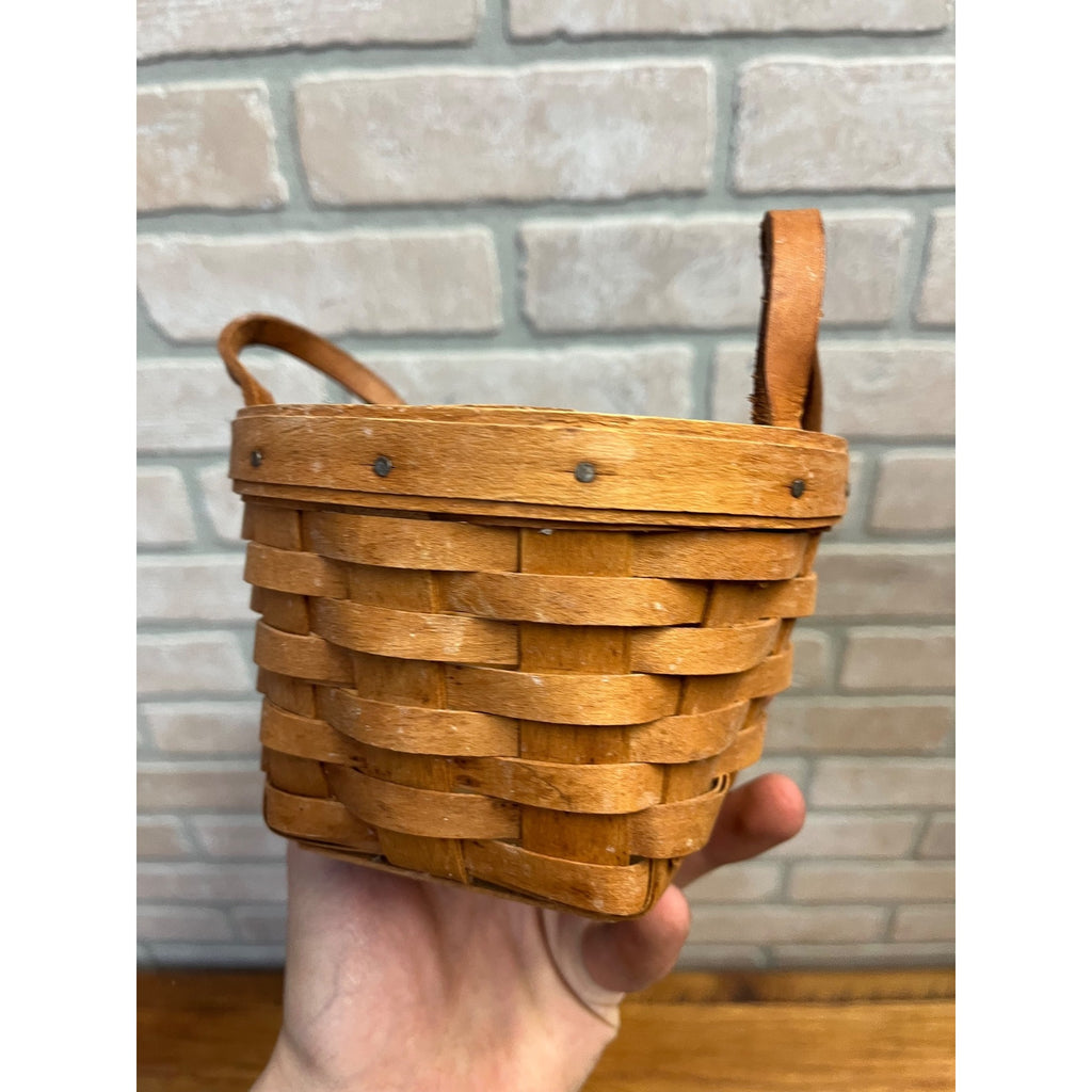 Vintage Small 5.5" Longaberger Basket w/ Leather Handles Dresden OH Signed 1990