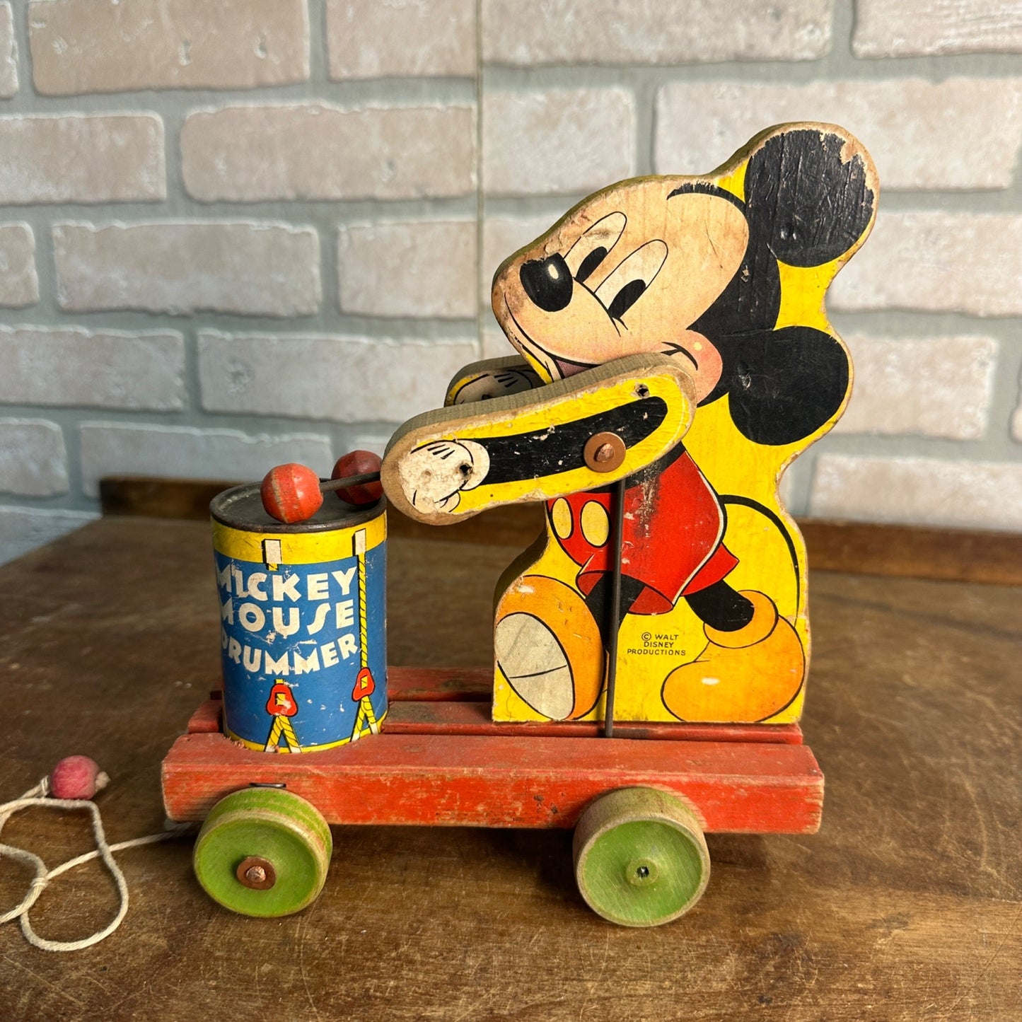 Vintage 1940s Fisher Price Mickey Mouse Drummer Wooden Child's Pull Toy No. 476