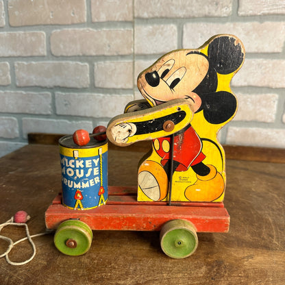 Vintage 1940s Fisher Price Mickey Mouse Drummer Wooden Child's Pull Toy No. 476