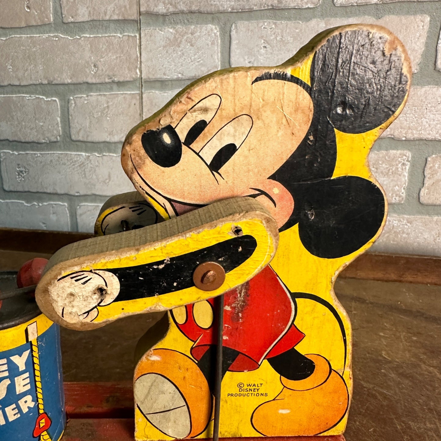 Vintage 1940s Fisher Price Mickey Mouse Drummer Wooden Child's Pull Toy No. 476